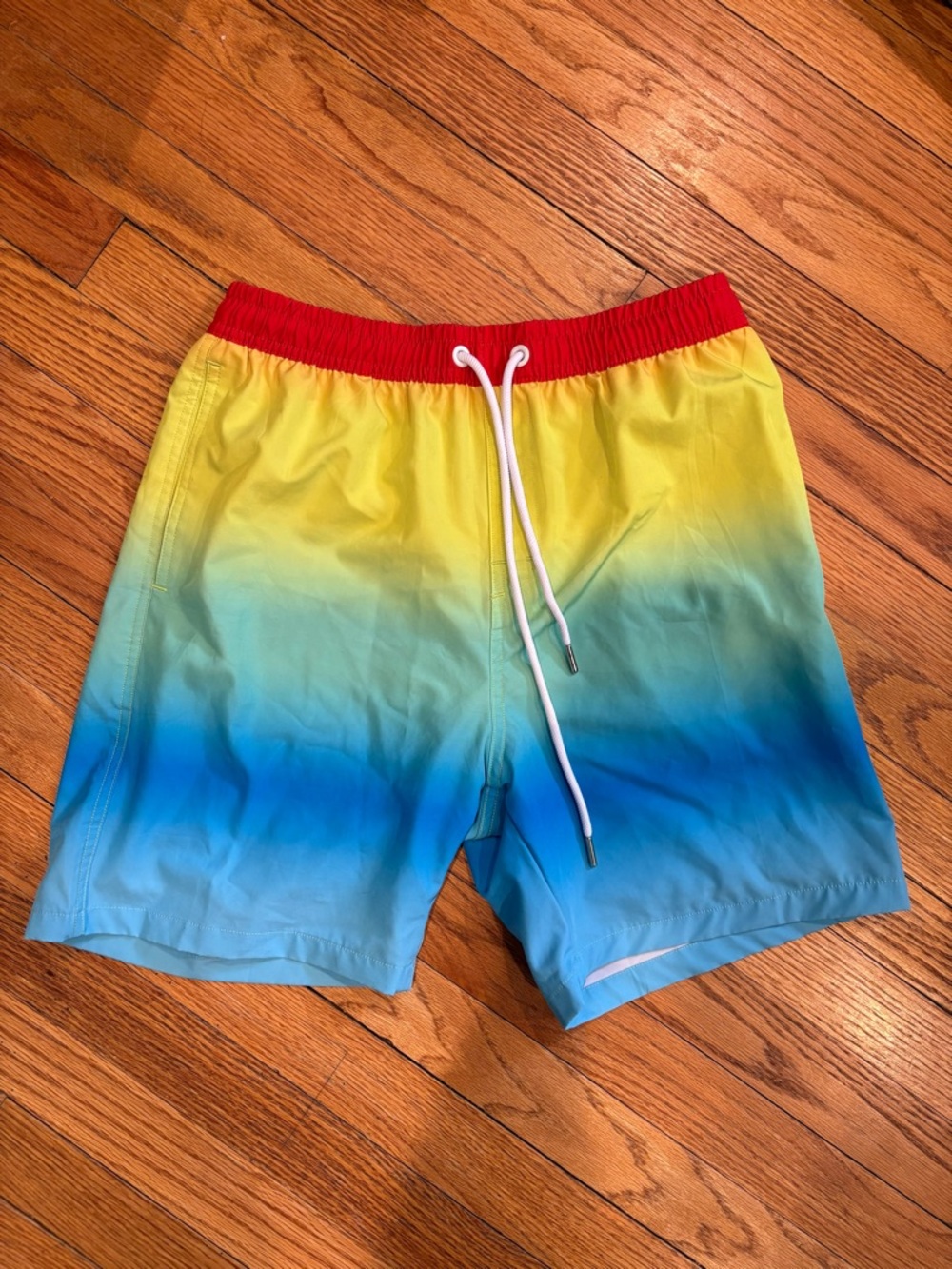 Boys Ombre Gradient Swim Shorts with Red Waistband